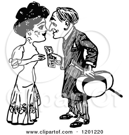 Clipart of a Vintage Black and White Man Handing Money to a Lady - Royalty Free Vector Illustration by Prawny Vintage