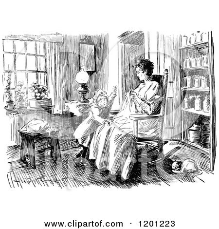 Clipart of a Vintage Black and White Mother Sewing with Her Daughter in a Room - Royalty Free Vector Illustration by Prawny Vintage