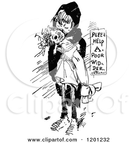 Clipart of a Vintage Black and White Lonely Orphan Girl Hugging a Doll - Royalty Free Vector Illustration by Prawny Vintage