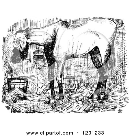 Clipart of a Vintage Black and White Horse Overworked Mayor - Royalty Free Vector Illustration by Prawny Vintage