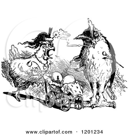 Clipart of a Vintage Black and White Smoking Owl and Hen Pushing Chicksn in a Pram - Royalty Free Vector Illustration by Prawny Vintage