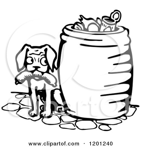 Clipart of a Vintage Black and White Dog with Sausage by a Trash Can - Royalty Free Vector Illustration by Prawny Vintage