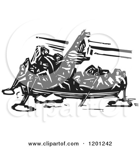 Clipart of a Scene of Washington Crossing the Delaware Black and White Woodcut - Royalty Free Vector Illustration by xunantunich