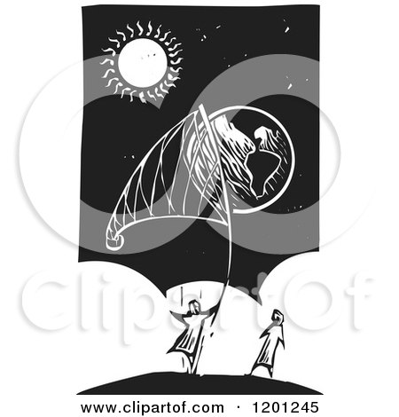 Clipart of People Catching Earth in a Net Black and White Woodcut - Royalty Free Vector Illustration by xunantunich