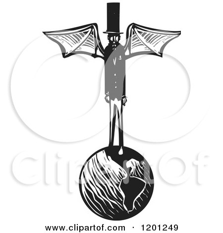 Clipart of a Winged Demon in a Top Hat Standing on Earth Black and White Woodcut - Royalty Free Vector Illustration by xunantunich