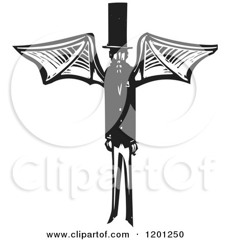 Clipart of a Winged Demon in a Top Hat Black and White Woodcut - Royalty Free Vector Illustration by xunantunich