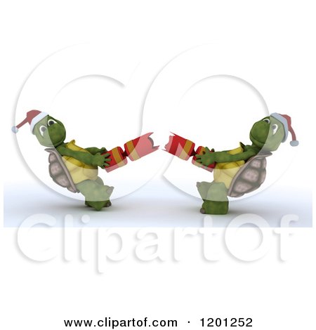 Clipart of 3d Christmas Tortoises Pulling Apart a Cracker - Royalty Free CGI Illustration by KJ Pargeter