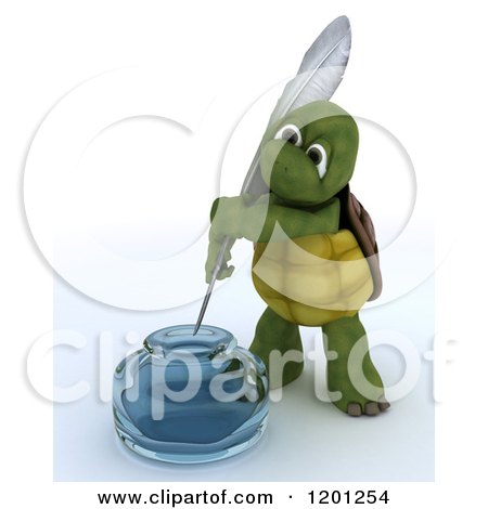 Clipart of a 3d Tortoise Dipping a Feather Quill in an Ink Well - Royalty Free CGI Illustration by KJ Pargeter
