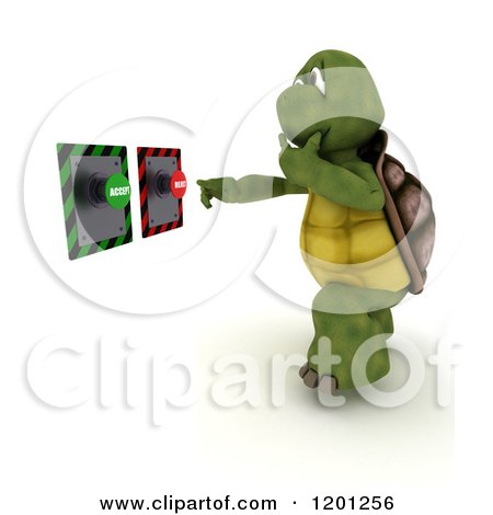 Clipart of a 3d Tortoise Deciding on Accept or Reject Push Buttons - Royalty Free CGI Illustration by KJ Pargeter