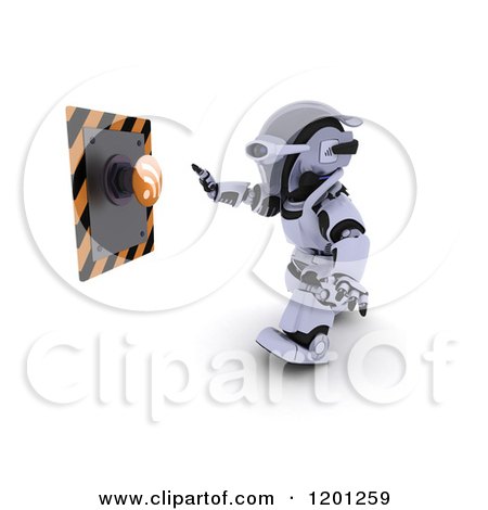 Clipart of a 3d Robot Reaching for an Rss Feed Button - Royalty Free CGI Illustration by KJ Pargeter