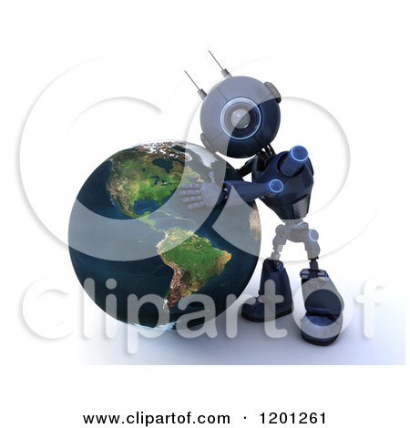 Clipart of a 3d Blue Android Robot Hugging Earth - Royalty Free CGI Illustration by KJ Pargeter
