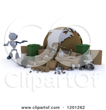Clipart of a 3d Blue Android Robot Presenting a Recycle Globe with Cardboard and Bins - Royalty Free CGI Illustration by KJ Pargeter