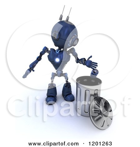 Clipart of a 3d Blue Android Robot Dropping a Can in a Trash Bin - Royalty Free CGI Illustration by KJ Pargeter
