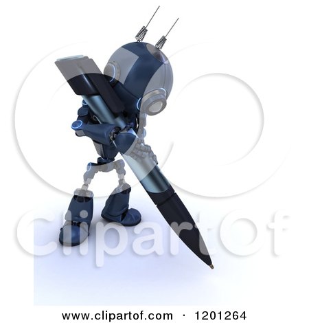 Clipart of a 3d Blue Android Robot Writing with a Pen - Royalty Free CGI Illustration by KJ Pargeter
