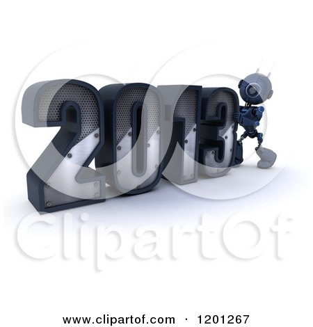 Clipart of a 3d Blue Android Robot Pushing Together Year 2013 - Royalty Free CGI Illustration by KJ Pargeter