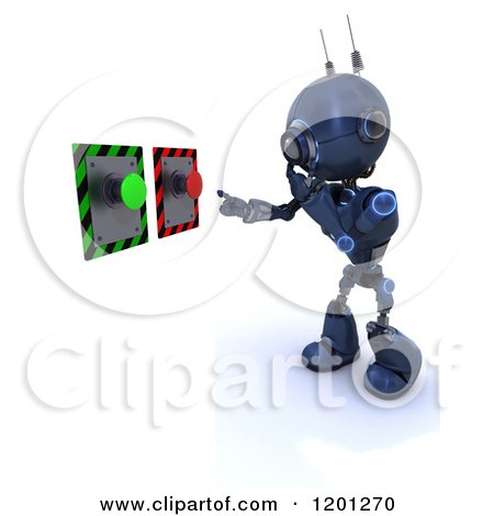 Clipart of a 3d Blue Android Robot Deciding on Push Buttons - Royalty Free CGI Illustration by KJ Pargeter