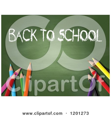 Clipart of a Back to School Chalkboard with Colored Pencils - Royalty Free Vector Illustration by KJ Pargeter