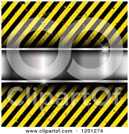Clipart of a Shiny Silver Metal Bar over Diagonal Grungy Hazard Stripes - Royalty Free Vector Illustration by KJ Pargeter