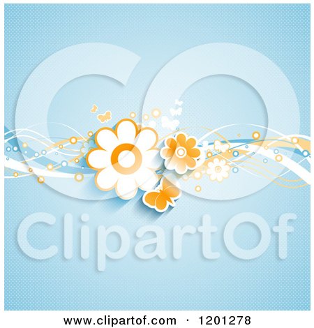 Clipart of Butterflies and Retro Flowers and Waves over Blue - Royalty Free Vector Illustration by KJ Pargeter