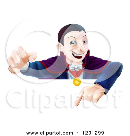 Cartoon of a Vampire Reaching out and Pointing down at a Sign - Royalty Free Vector Clipart by AtStockIllustration