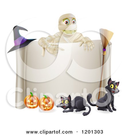Clipart of a Mummy Over a Halloween Scroll Sign Black Cats And Pumpkins - Royalty Free Vector Illustration by AtStockIllustration