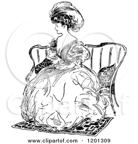 Clipart of a Vintage Black and White Elegant Lady Sitting - Royalty Free Vector Illustration by Prawny Vintage