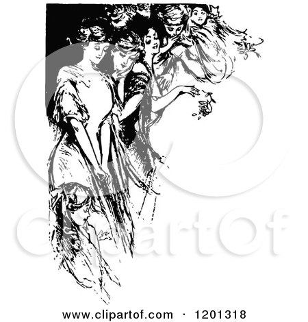 Clipart of a Vintage Black and White Corner of Elegant Ladies - Royalty Free Vector Illustration by Prawny Vintage