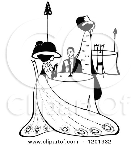 Clipart of a Vintage Black and White Couple Dining - Royalty Free Vector Illustration by Prawny Vintage