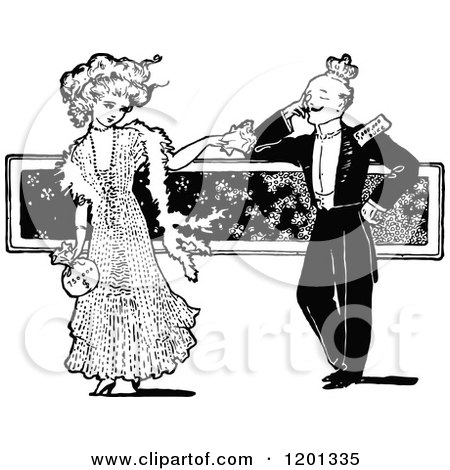 Clipart of a Vintage Black and White Couple Flirting - Royalty Free Vector Illustration by Prawny Vintage