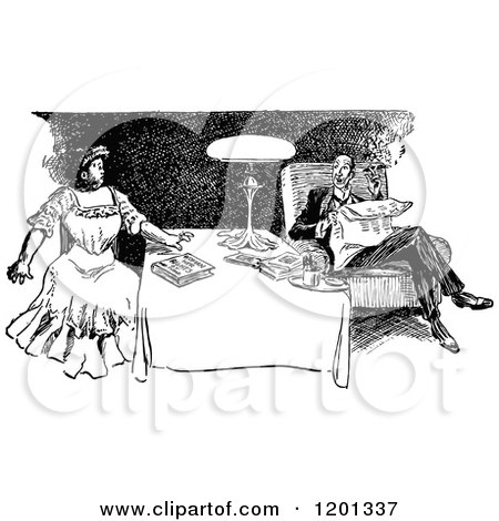 Clipart of a Vintage Black and White Couple Relaxing at Home - Royalty Free Vector Illustration by Prawny Vintage