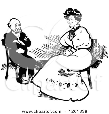 Clipart of a Vintage Black and White Annoyed Couple Sitting - Royalty Free Vector Illustration by Prawny Vintage
