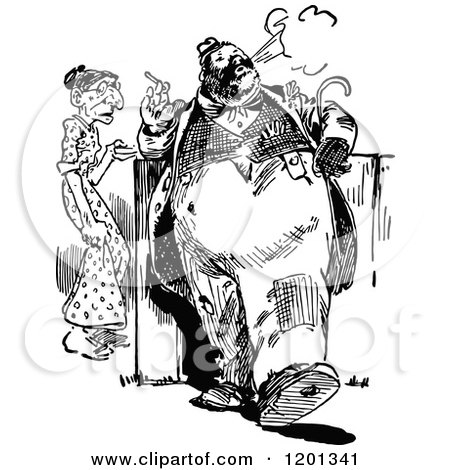 Clipart of a Vintage Black and White Skinny Wife and Fat Smoking Husband - Royalty Free Vector Illustration by Prawny Vintage