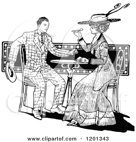 Clipart of a Vintage Black and White Couple at a Table - Royalty Free Vector Illustration by Prawny Vintage