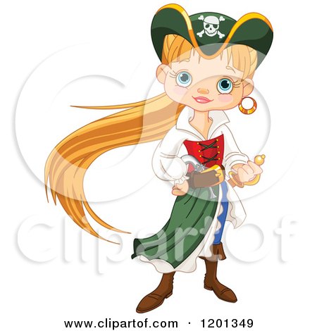 Cartoon of a Pirate Girl with Long Blond Hair, Gripping Her Sword - Royalty Free Vector Clipart by Pushkin