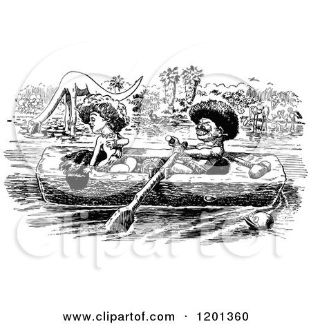 Clipart of a Vintage Black and White Couple in a Log Canoe, with Dinosaurs - Royalty Free Vector Illustration by Prawny Vintage