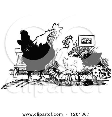 Clipart of a Vintage Black and White Chicken Couple - Royalty Free Vector Illustration by Prawny Vintage
