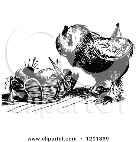 Clipart of a Vintage Black and White Chicken and Sewing Basket - Royalty Free Vector Illustration by Prawny Vintage