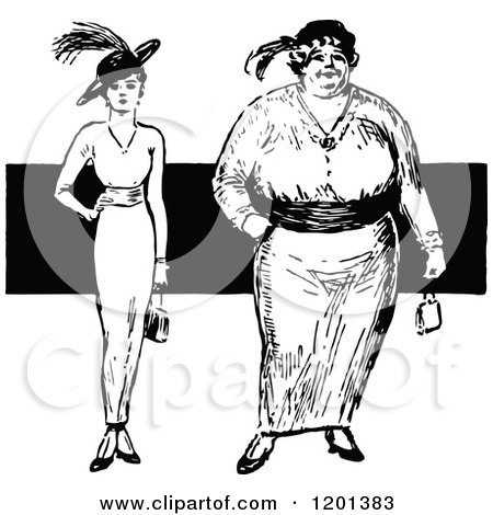 Clipart of Vintage Black and White Thin and Overweight Fashionable Women - Royalty Free Vector Illustration by Prawny Vintage