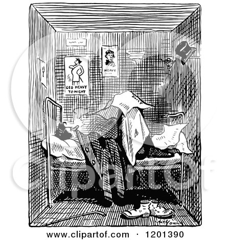 Clipart of a Vintage Black and White Man Sleeping in a Messy Bed - Royalty Free Vector Illustration by Prawny Vintage
