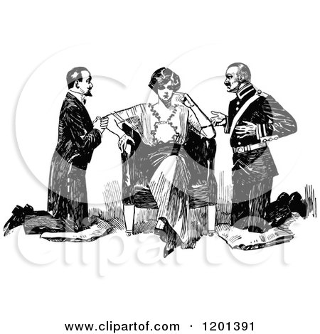 Clipart of a Vintage Black and White Lady and Two Suitors - Royalty Free Vector Illustration by Prawny Vintage