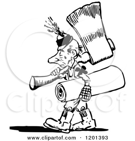 Clipart of a Vintage Black and White Tiny Man Carrying an Axe - Royalty Free Vector Illustration by Prawny Vintage