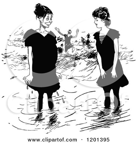 Clipart of Vintage Black and White Girls Wading on the Beach - Royalty Free Vector Illustration by Prawny Vintage