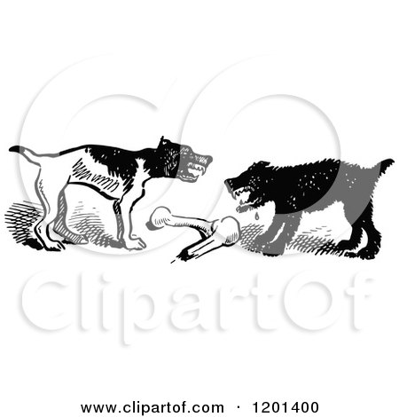 Clipart of Vintage Black and White Dogs Fighting over a Bone - Royalty Free Vector Illustration by Prawny Vintage