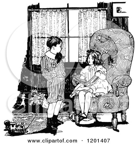 Clipart of a Vintage Black and White Boy and Girl Discussing a Book in a Living Room - Royalty Free Vector Illustration by Prawny Vintage