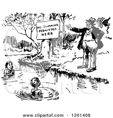 Clipart of a Vintage Black and White Man Pointing to a No Swimming Sign by Boys in a Pond - Royalty Free Vector Illustration by Prawny Vintage