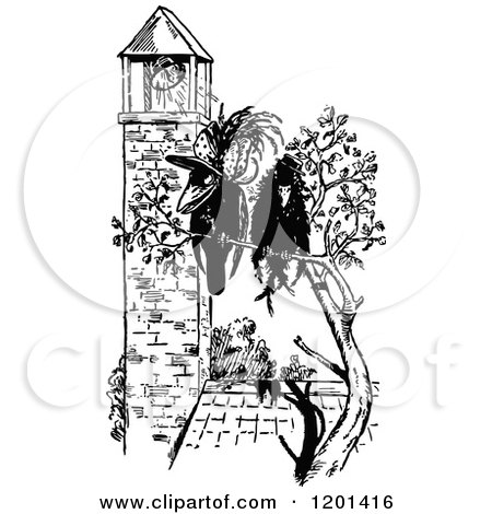 Clipart of a Vintage Black and White Crow Couple by a Bell Tower - Royalty Free Vector Illustration by Prawny Vintage