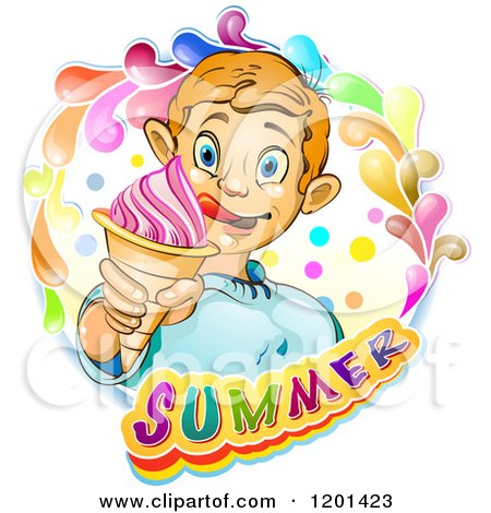 Clipart of a Blond Boy Licking His Lips and Holding an Ice Cream Cone in a Colorful Splash over Text - Royalty Free Vector Illustration by merlinul