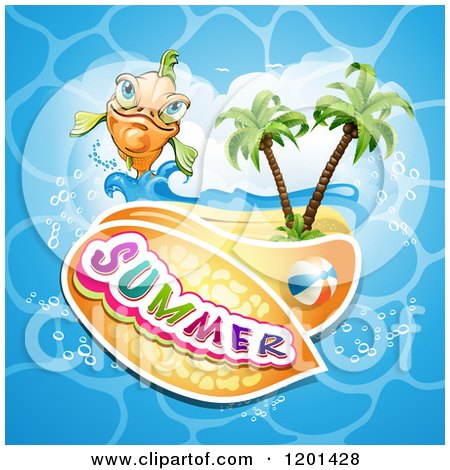 Clipart of a Happy Orange Fish over an Island Beach Water and Summer Text - Royalty Free Vector Illustration by merlinul