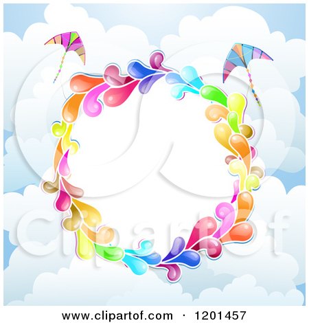 Clipart of a Colorful Round Splash Frame with Kites over Clouds - Royalty Free Vector Illustration by merlinul