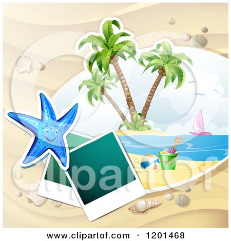 Clipart of a Starfish over a Beach with Instant Photos - Royalty Free Vector Illustration by merlinul